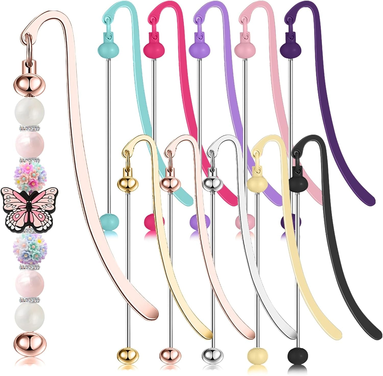 10 Pieces DIY Beadable Bookmarks Bulk, Metal Beadable Bookmarks Pendant Bar, Custom Book Charms Stainless Steel Chains, Craft Beaded Book Lanyards Chains for Students Teachers