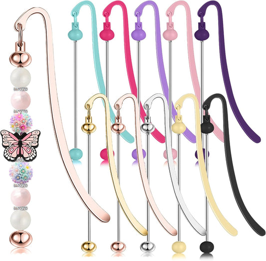10 Pieces DIY Beadable Bookmarks Bulk, Metal Beadable Bookmarks Pendant Bar, Custom Book Charms Stainless Steel Chains, Craft Beaded Book Lanyards Chains for Students Teachers