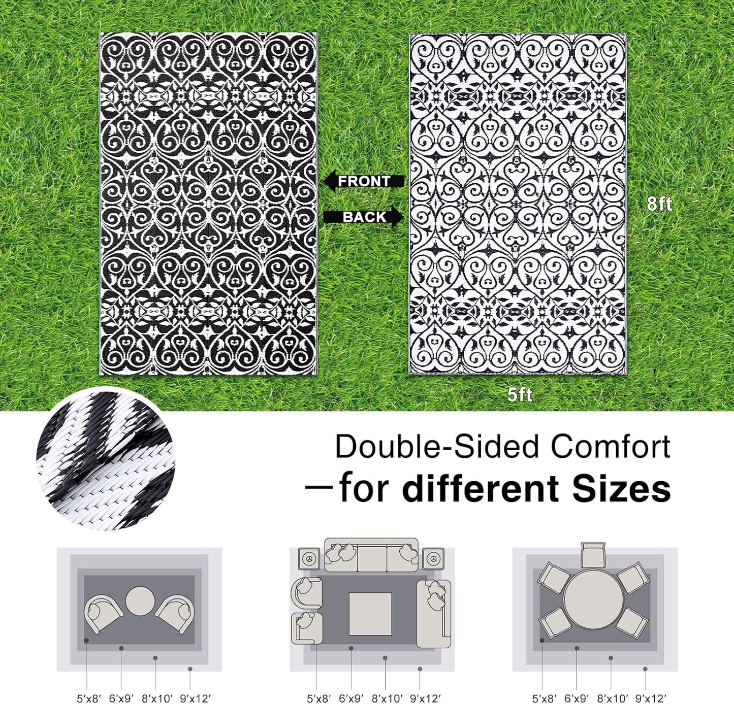 Outdoor Rug Waterproof 5X8 Ft Clearance, Reversible Outdoor Plastic Straw Rug with Floral Pattern, RV Mat for Patio, Camping, Balcony, Deck, Backyard, Black & White