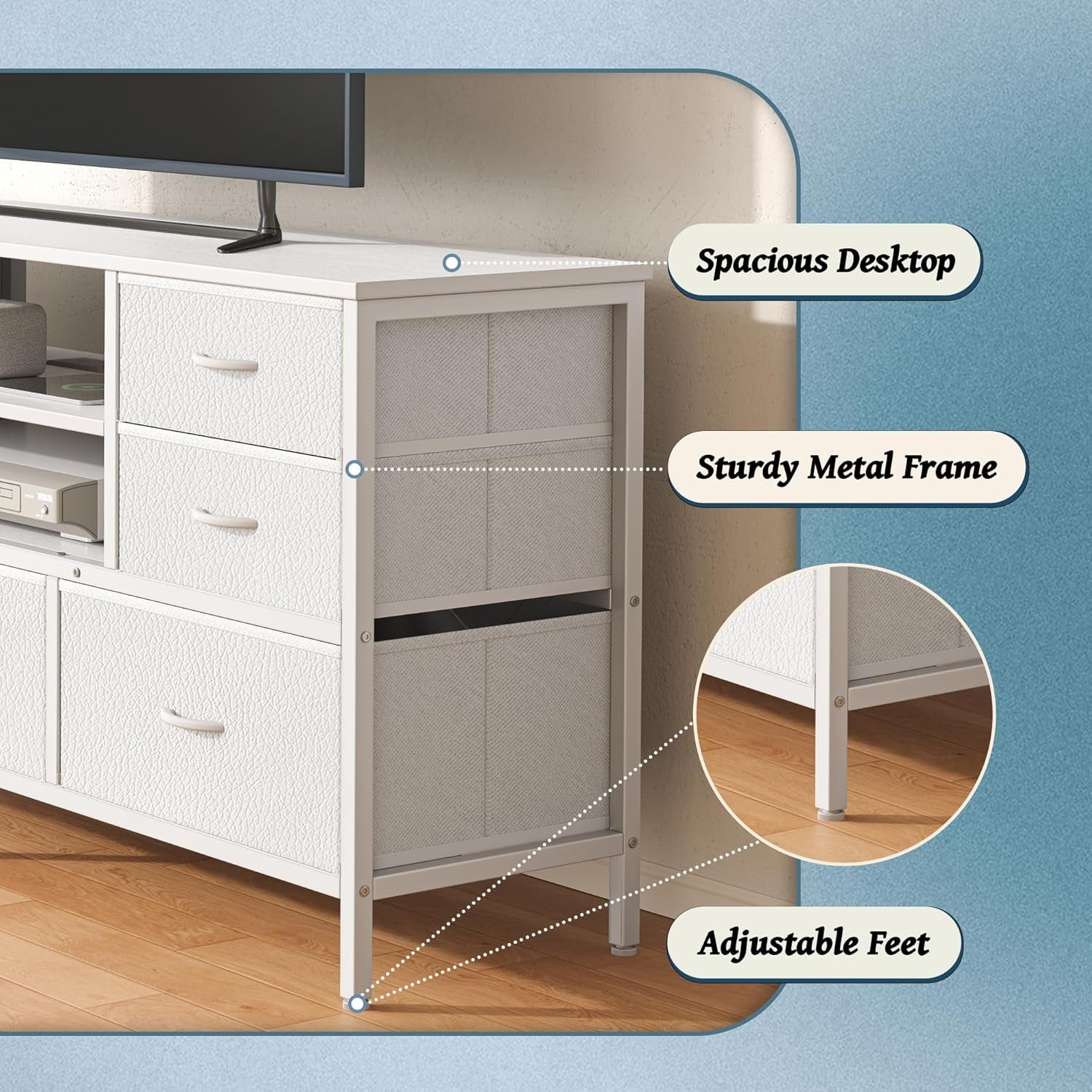 Elegant Bedroom Dresser with Power Outlets and LED Lighting, 7-Drawer TV Stand for Up to 55-Inch TVs, 47-Inch Console with Open Shelf, Wide White PU Leather Finish