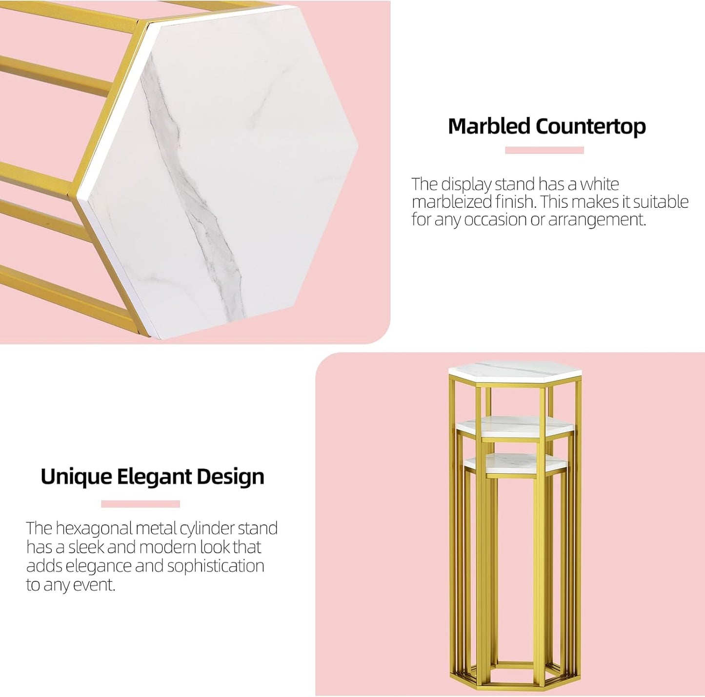 Cylinder Stands for Party, Set of 3 Gold Metal Hexagon Pedestal Stand with Marbled Countertop, Cake Flower Plant Pedestal Stands for Display Parties Wedding Birthday Decor, 3PCS, Gold