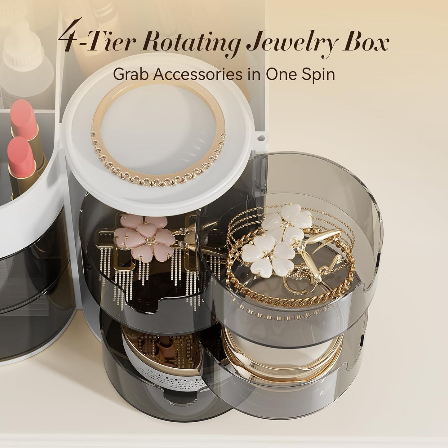Makeup Organizer with Drawers, Cosmetic Storage for Dresser Bathroom Countertop, Include 4-Tier Rotating Jewelry Box for Brushes, Skincare, Perfume, Office, Earring, Jewelry Organizer, White