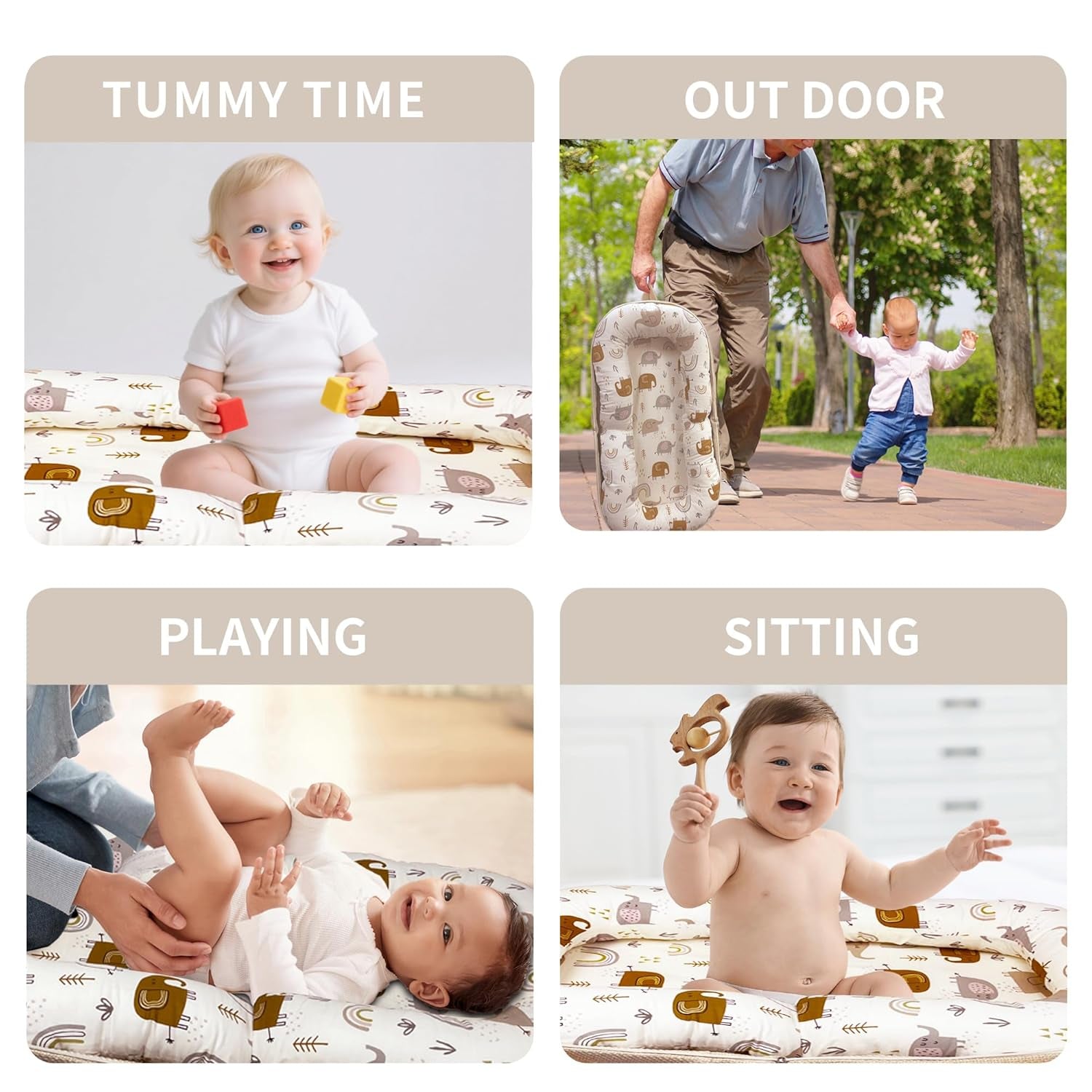 Infant Lounger and Travel Pillow with Memory Foam, Versatile Foldable Design, Adorable Pattern Cover, Ideal for 0-12 Months, White