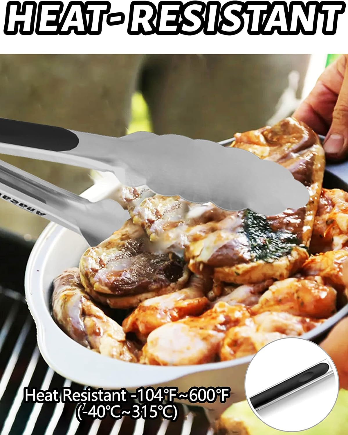 7" Mini Cooking Tong Stainless Steel - Sturdy Coiled Spring Locking Kitchen Food Tong with Non-Slip Silicone Grip for Serving, Cooking, Baking - Heat Resistant up to 480°F (Black)