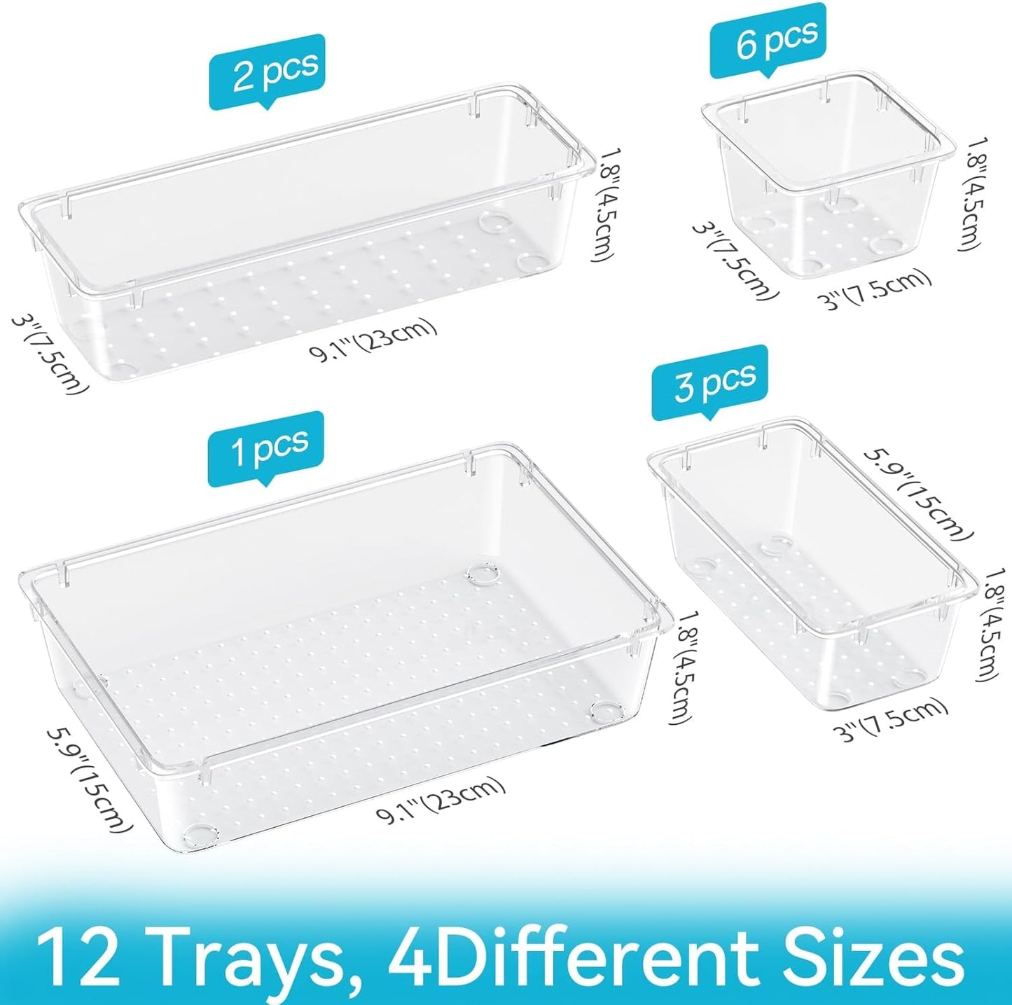 12 PCS Drawer Organizer Set, 4 Sizes Storage Drawer Units, Clear Plastic Makeup Vanity Organizer and Storage Bins for Makeup, Stationeries, Multiple Gadgets for Bathroom, Office, Bedroom