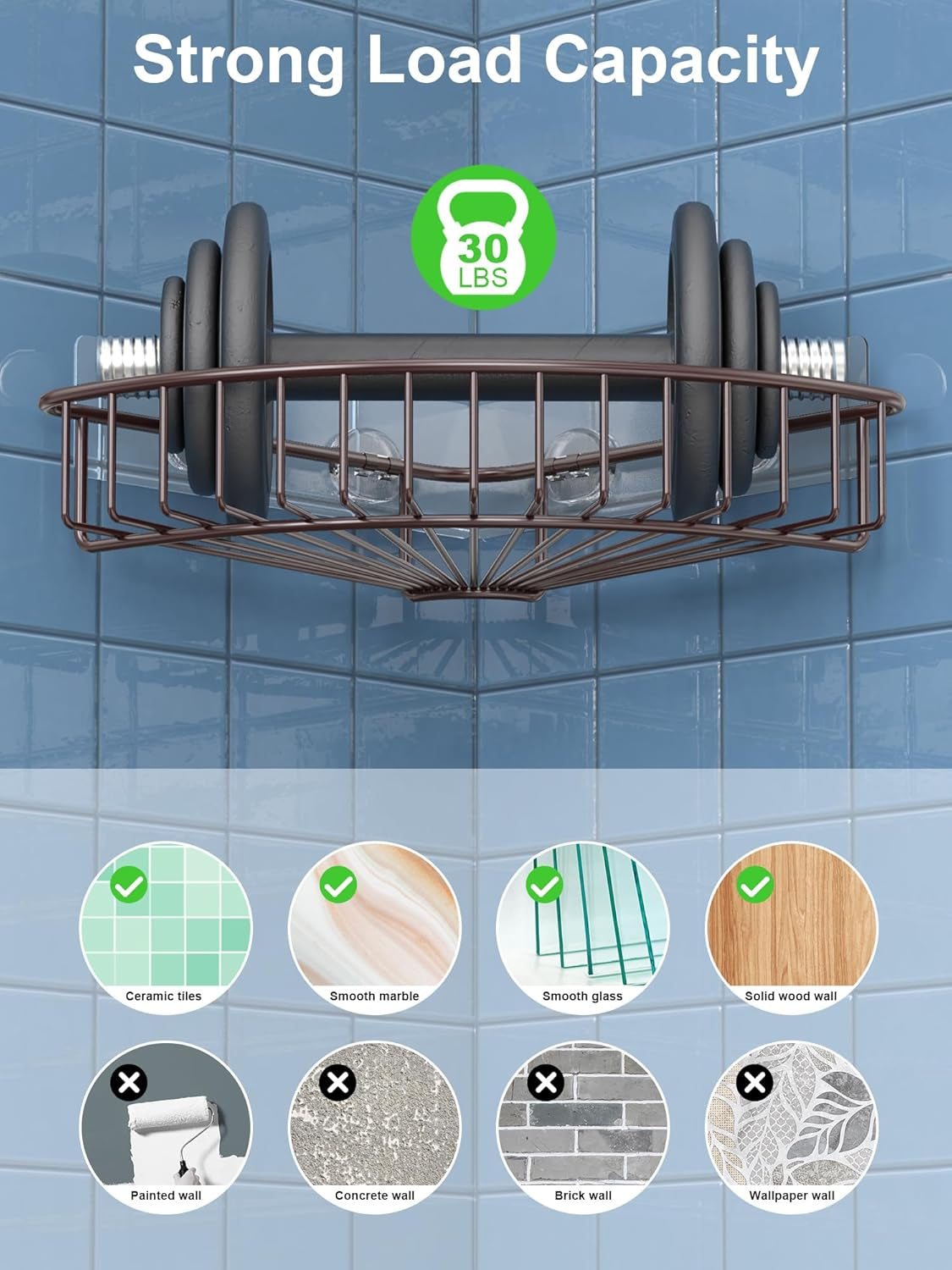 2-Pack Corner Shower Caddy, SUS304 Stainless Steel, Wall Mounted Bathroom Shelf with Adhesive, Storage Organizer for Toilet, Dorm and Kitchen (Bronze)