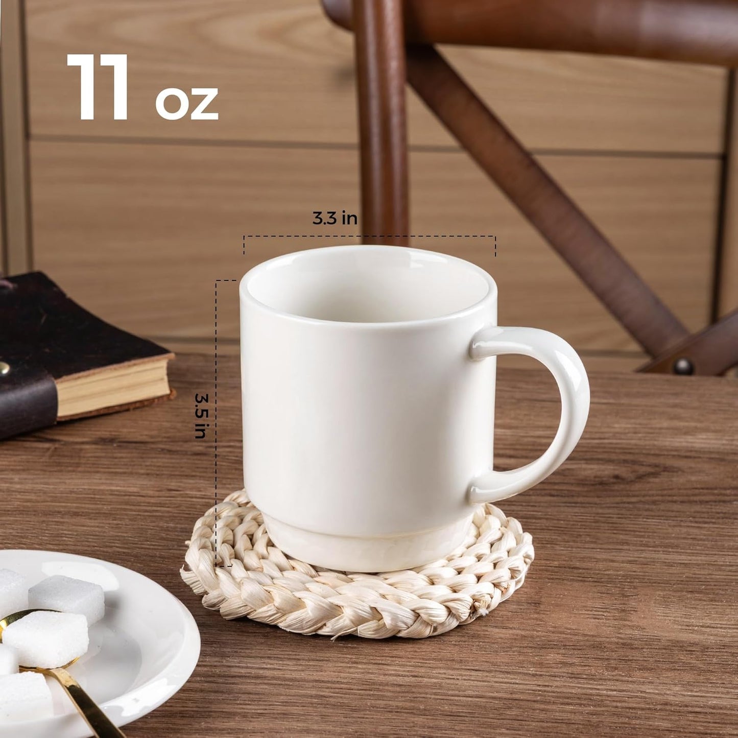 Stackable Ceramic Coffee Mugs Set of 12, 11oz Porcelain Mugs for Latte, Cappuccino, and Cocoa - Dishwasher and Microwave Safe, Off White