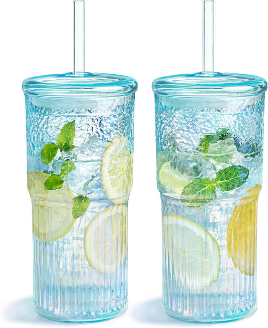 20Oz Glass Cups with Lids and Straws, 2 Pack High Borosilicate Iced Coffee Cups Drinking Glasses Tumbler for Smoothie, Water, Tea, Juice Drinks, Shimmering Blue