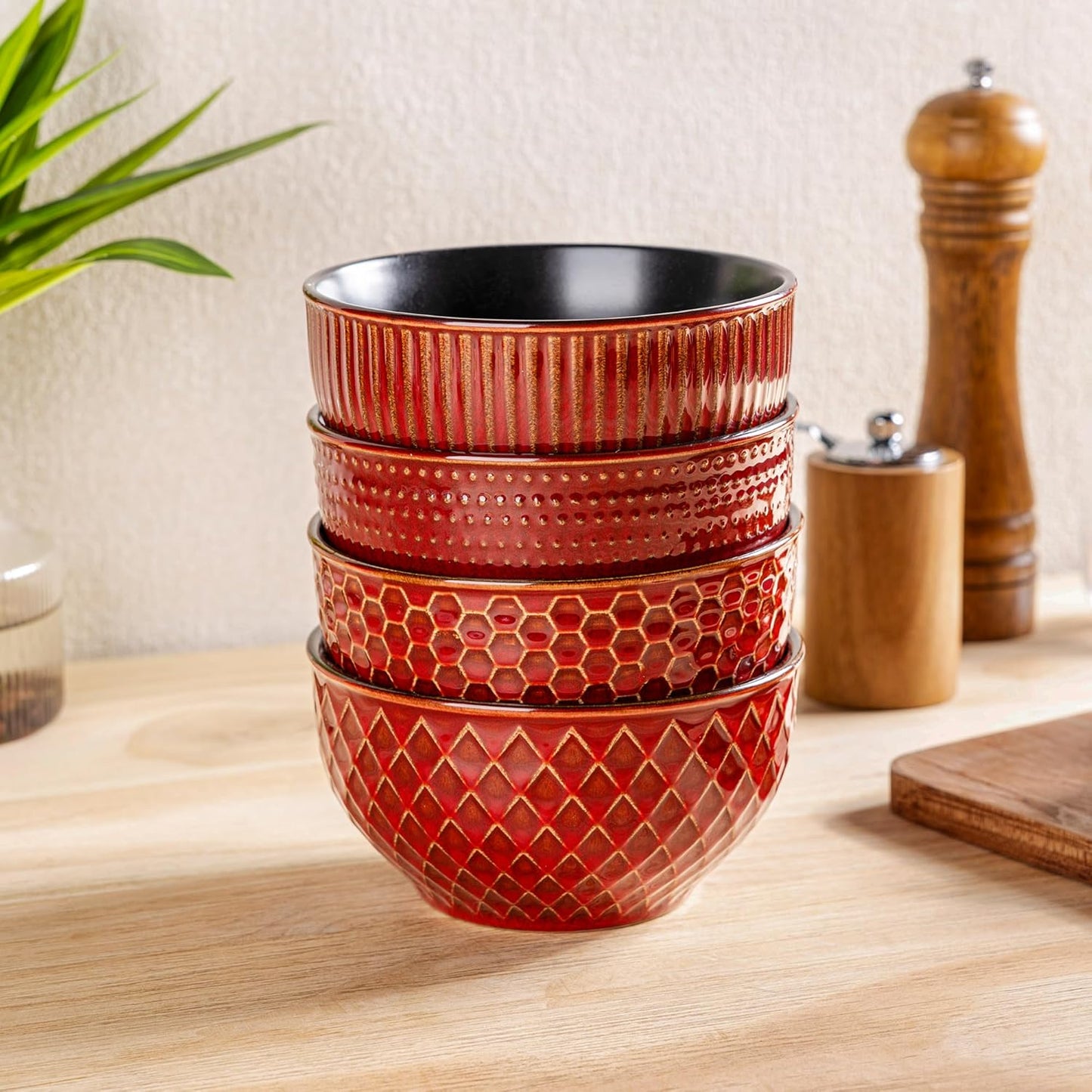 Set of 4 Textured Stoneware Cereal Bowls, 24 Oz Ceramic Soup Bowls Ideal for Soup, Oatmeal, and Snacks - Rythmic Red, Perfect for Weddings and Housewarming Gifts