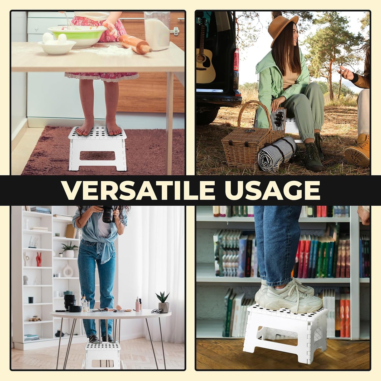 Folding Step Stool with 9 Inch Height (Pack of 1) - Holds up to 300 Lbs - Lightweight Plastic Foldable Step Stool for Kitchen, Bathroom & Living Room (White)