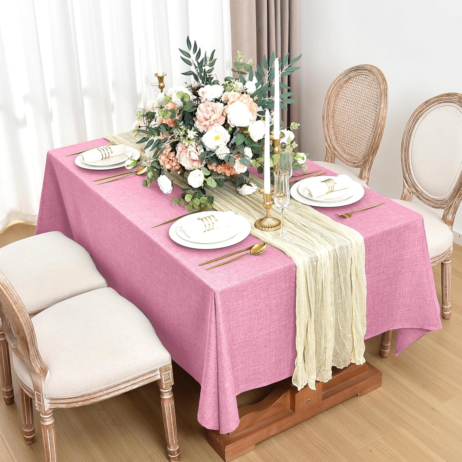 Faux Linen Tablecloths for Rectangle Tables - Water and Stain Resistant Farmhouse Style, Washable Burlap Textured Covers for Dining and Events (2 Pack, 52x70 Inch, Pink)