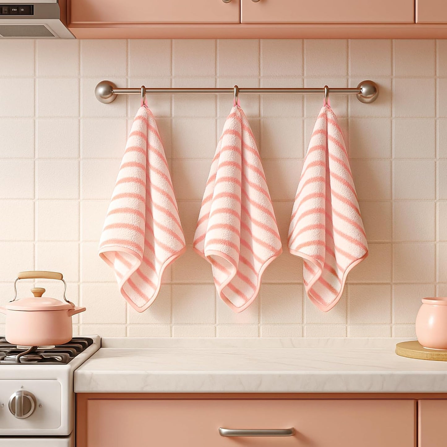 12 PCS Pink Kitchen Towels and Dishcloths Sets, Microfiber Cleaning Cloth, Dish Cloths for Washing Dishes, Drying Towel for Kitchen, Hand Rags with Hanging Loops