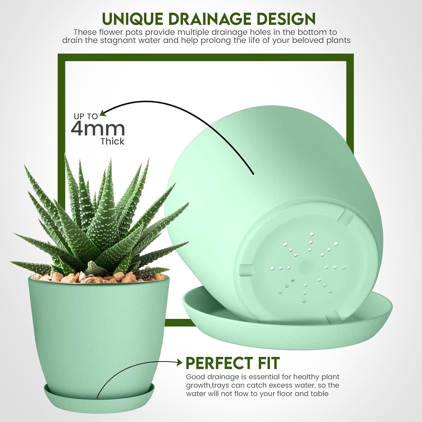 - Plant Pots Indoor with Drainage - 7/6.6/6/5.3/4.8 Inches Home Decor Flower Pots for Indoor Planter - Pack of 5 Plastic Planters for Indoor Plants, Cactus, Succulents Pot - Mint