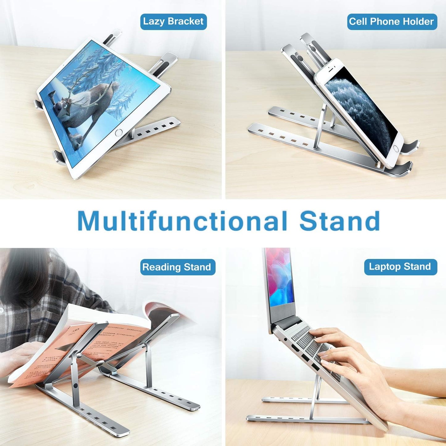 Laptop Stand, Laptop Holder Riser Computer Tablet Stand, 6 Angles Adjustable Aluminum Ergonomic Foldable Portable Desktop Holder Compatible with 10-15.6” Macbook,Ipad, HP, Dell, Lenovo Silver