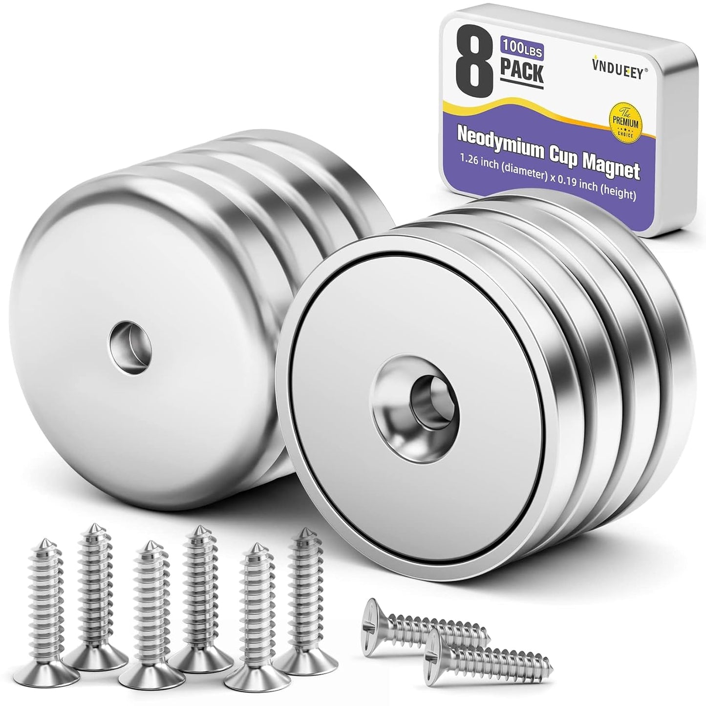 8-Pack Neodymium Cup Magnets with 100 LBS Pull Force, Countersunk Hole, Industrial Strength, 1.26" Diameter x 0.2" Height, Screws Included