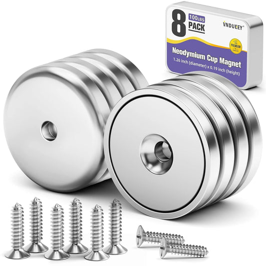 8-Pack Neodymium Cup Magnets with 100 LBS Pull Force, Countersunk Hole, Industrial Strength, 1.26" Diameter x 0.2" Height, Screws Included