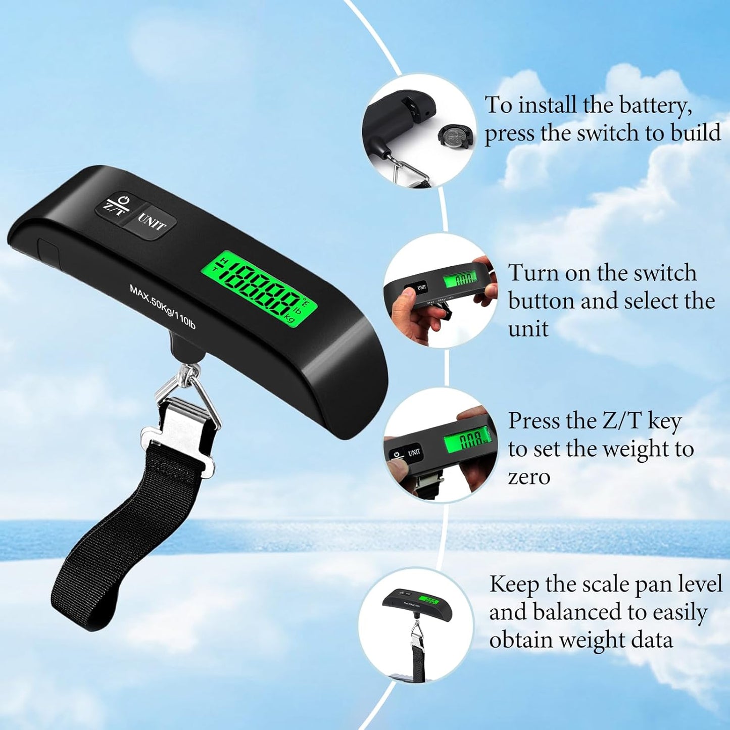 Luggage Scale, Portable Luggage Weight Scale 110Lb/50Kg with LED Display, Luggage Scale Travel Digital for Weighing Luggage, Backpacks, Fruits and Pets (Black)