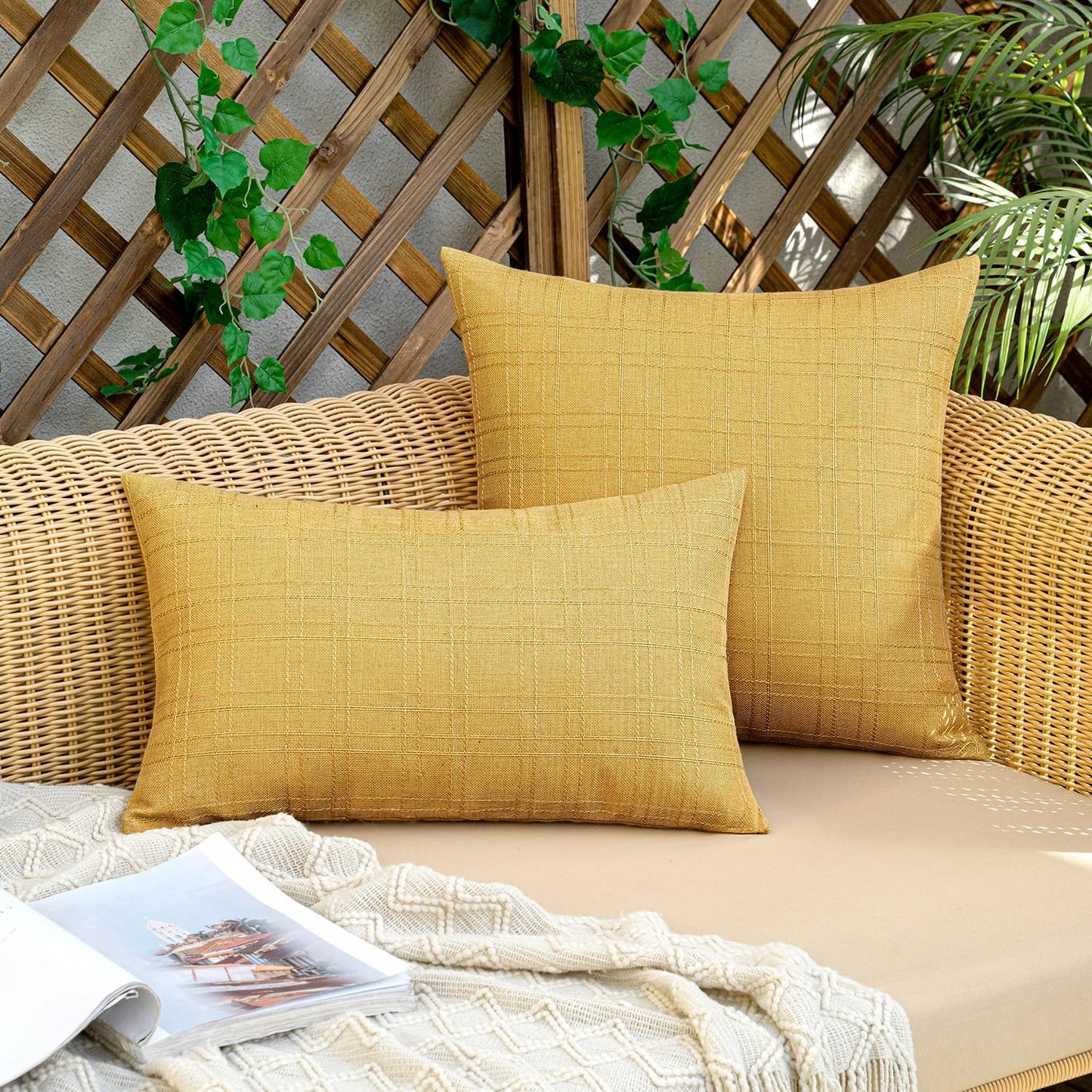 Outdoor Waterproof Throw Pillow Covers Decorative Farmhouse Water Resistant Cushion Covers for Tent Patio Garden Couch Sofa Pack of 2, 18X18 Inch Yellow