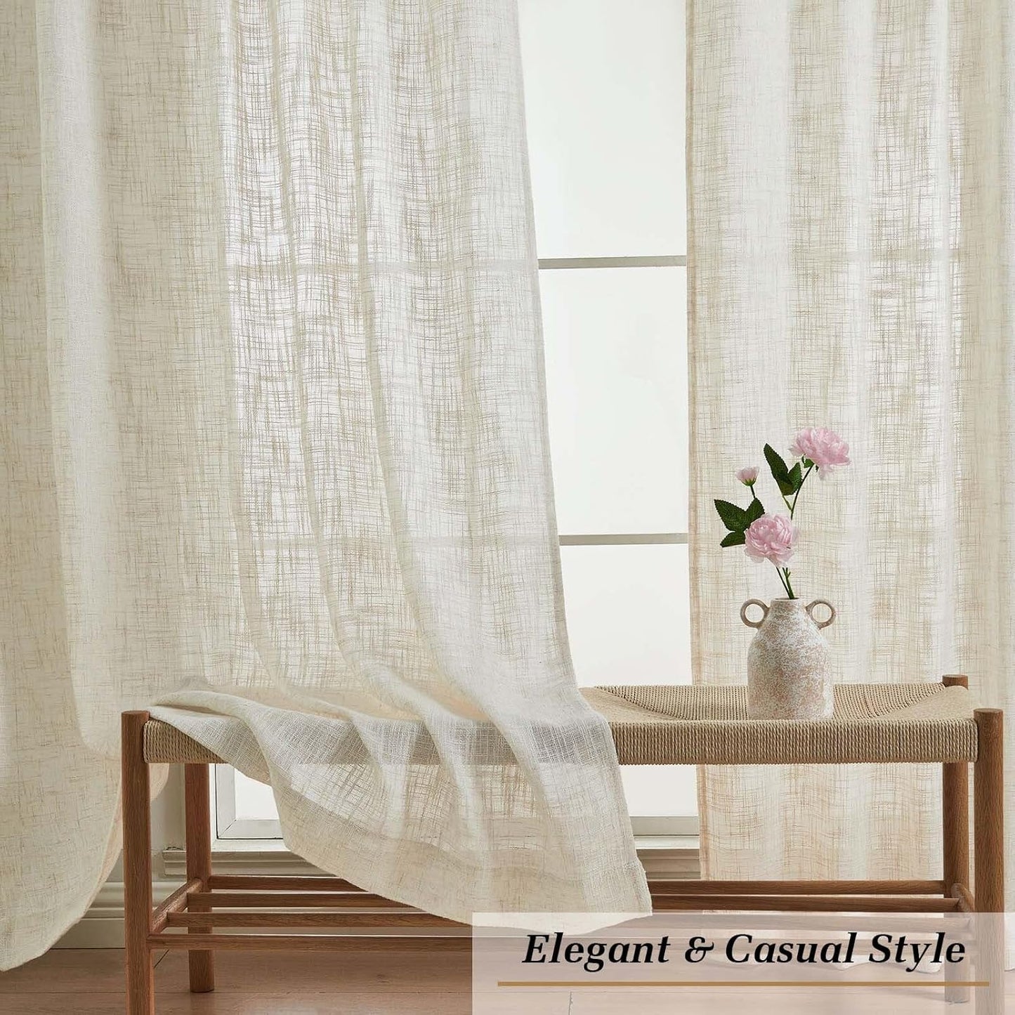 Natural Linen Curtains for Bedroom Living Room 63 Inch Length 2 Panels Set, Thick Textured Burlap Linen Blend Light Filtering Boho Farmhouse Dining Room Curtains, Natural, Each 42" W X 63" L