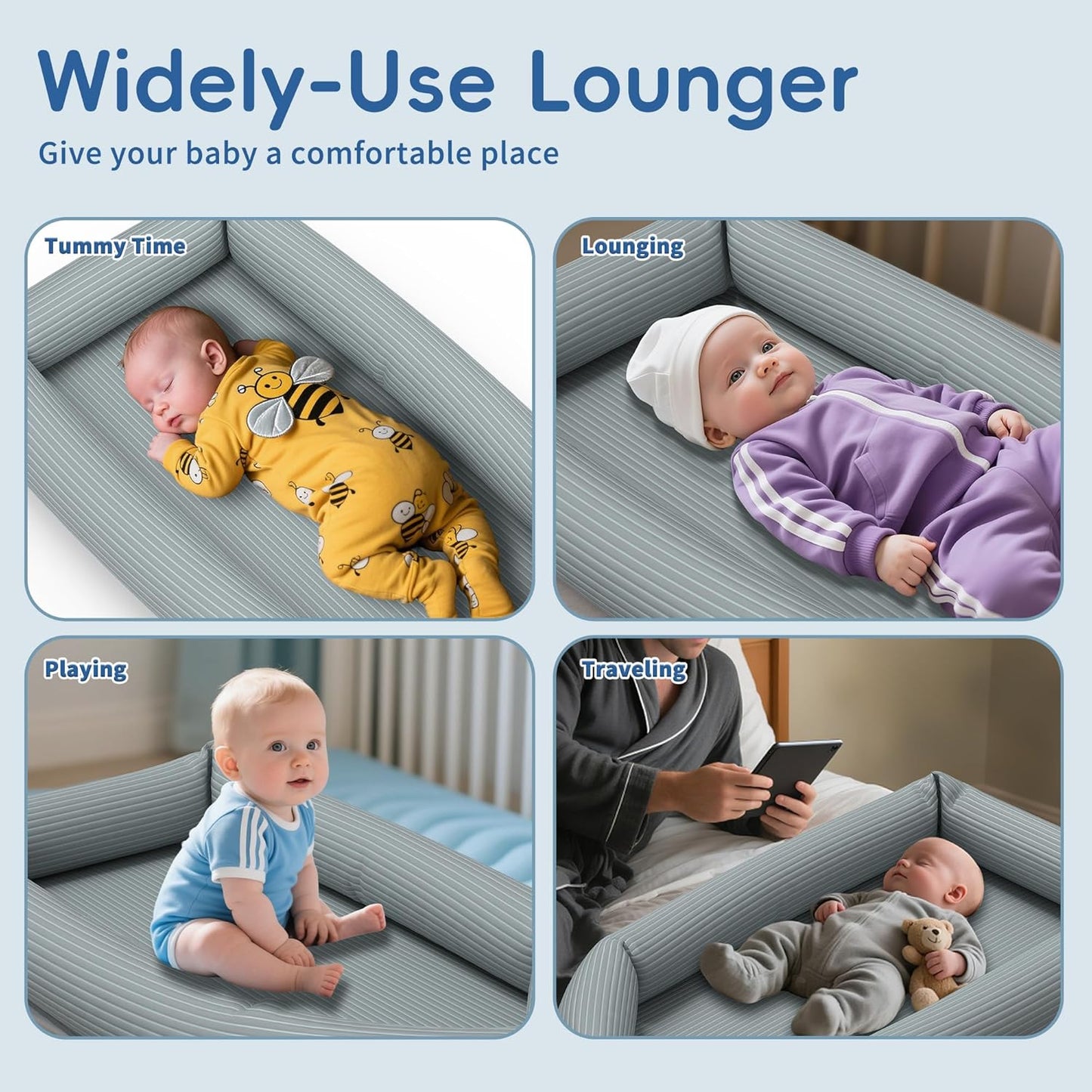 Premium Baby Lounger - Breathable and Soft Nest with Cooling Touch Cover for Newborns (0-24 Months) - Ideal for Home and Travel - Grey