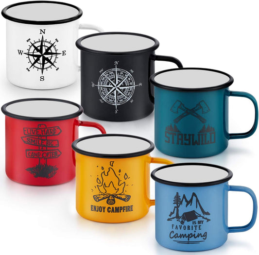 16 Oz Enamel Mug Coffee Cup Set of 6, Camping Enamel Mug with Patterns & Handle for Tea Soup Milk, Corlorful Gift for Camp Home Office, Lightweight & Durable