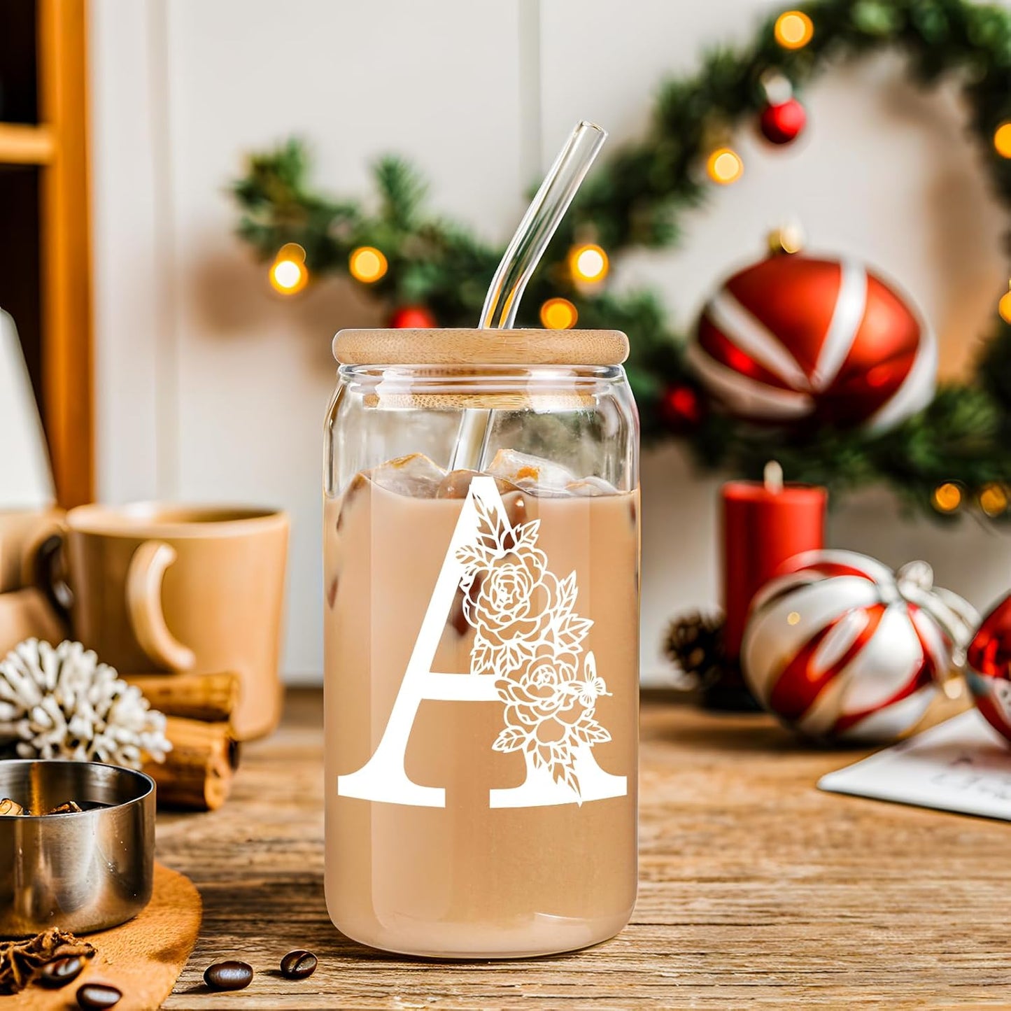Gifts for Holidays,Birthday Gifts for Women,Personalized Initial Glass Cup as Iced Coffee Cups,Aesthetic Smoothie Cup Cute Beer Tumbler,16 Oz Glass Cups with Lids and Straws-A(1Psc)