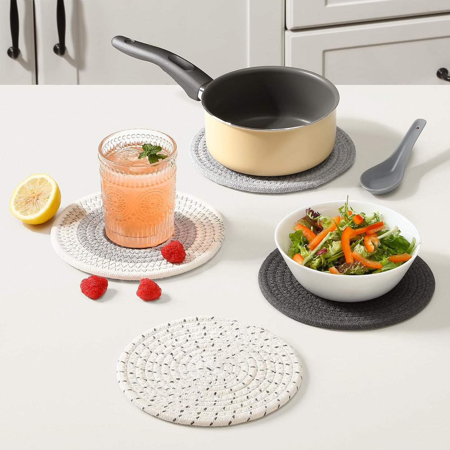 5 Pieces Trivets for Hot Dishes, Potholders Set 100% Cotton Woven Hot Pot Holders Set, Farmhouse Coasters, Hot Pads, Table Mats, Spoon Rest for Baking and Cooking, Kitchen Decor, 7 Inch