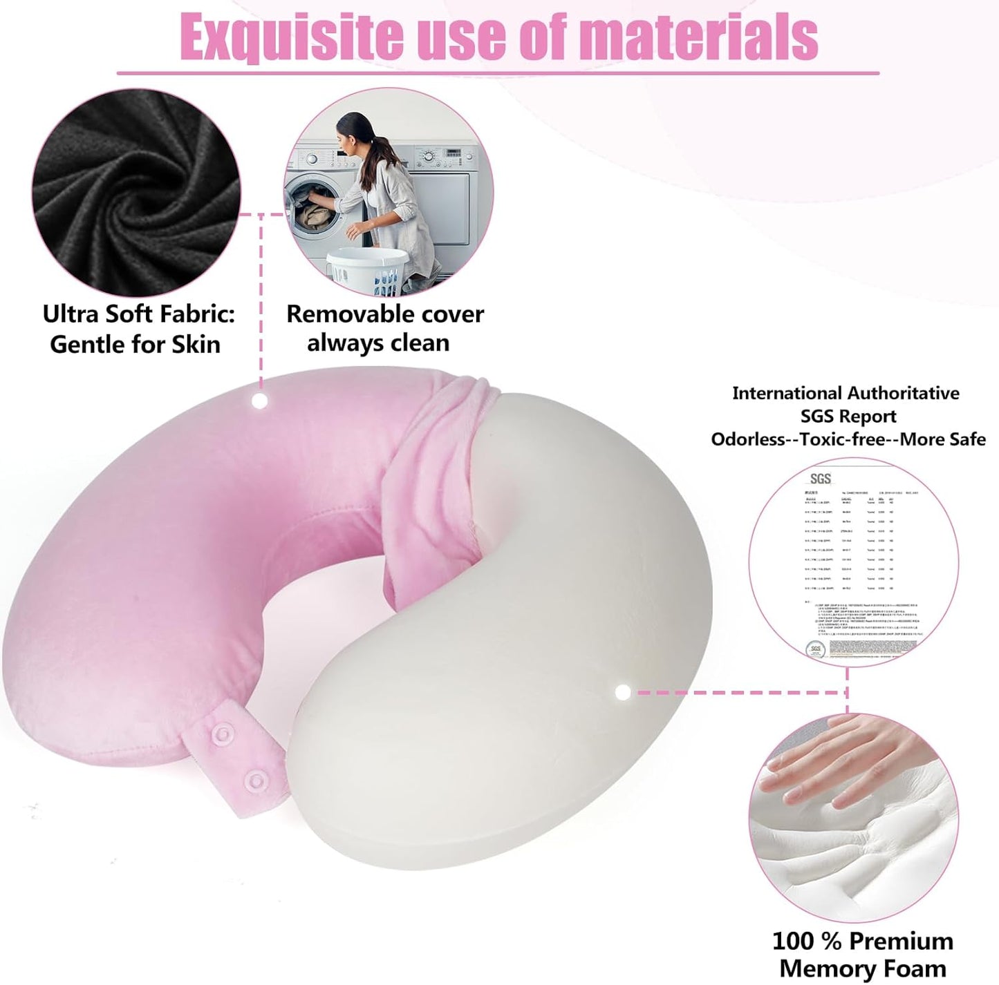 Travel Neck Pillow 100% Pure Memory Foam Airplane Pillow for Head Support,Soft Adjustable Pillow for Plane, Car & Home Recliner (Pink)