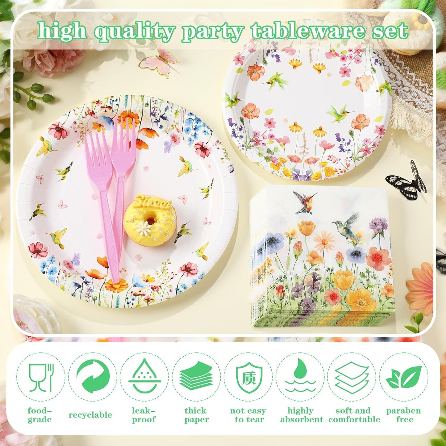 Wildflower Themed Party Supplies: 96 Disposable Paper Plates and Napkins for Baby Showers, Birthdays, and Seasonal Celebrations, Serving 24 Guests
