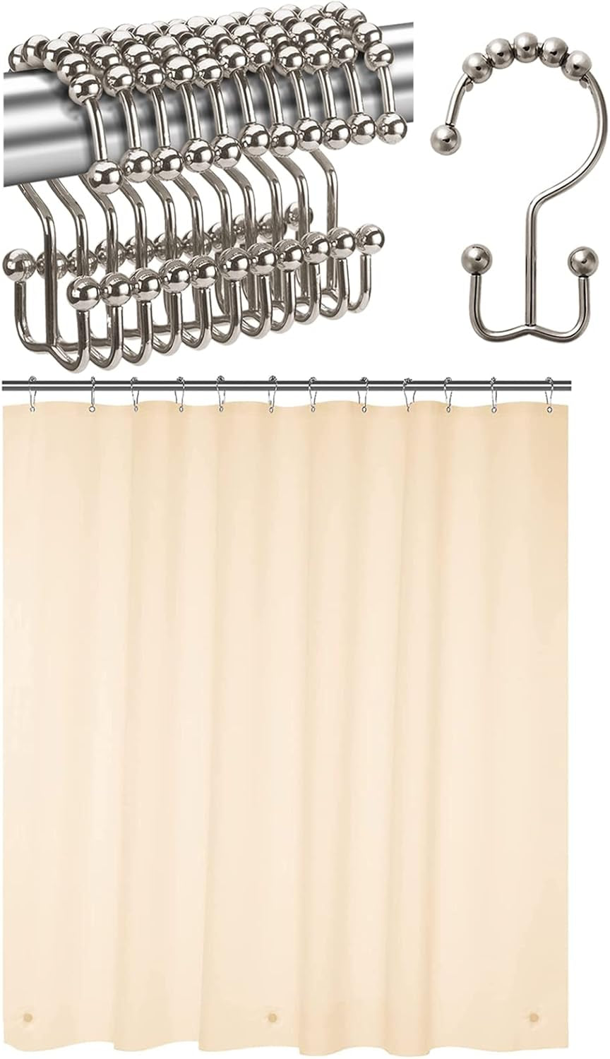 12 Pcs Shower Curtain Hooks and 72 X 72 Beige Shower Curtain Liner