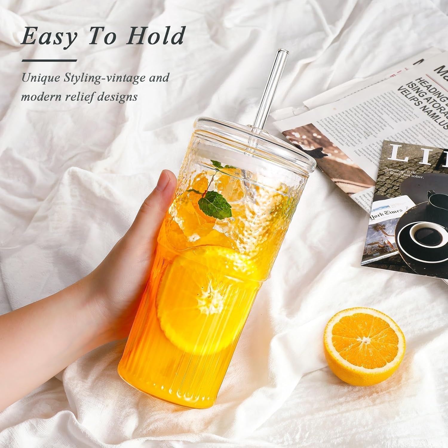 Glass Cups with Lids and Straws 4 Pcs,20Oz Glasses Drinking Set Vintage Textured Clear Iced Coffee Cups with Lids,Reusable Glass Tumbler with Straw and Lid for Coffee Bar Accessories