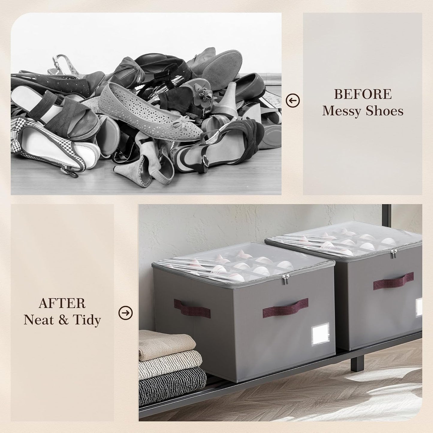 Shoe Organizer for Closet, 2 Pack Shoe Organizer with Transparent Cover and Sturdy Handles, Closet Shoe Storage for Sneakers Sandals Slippers, Fit 12-16 Pairs, Gray