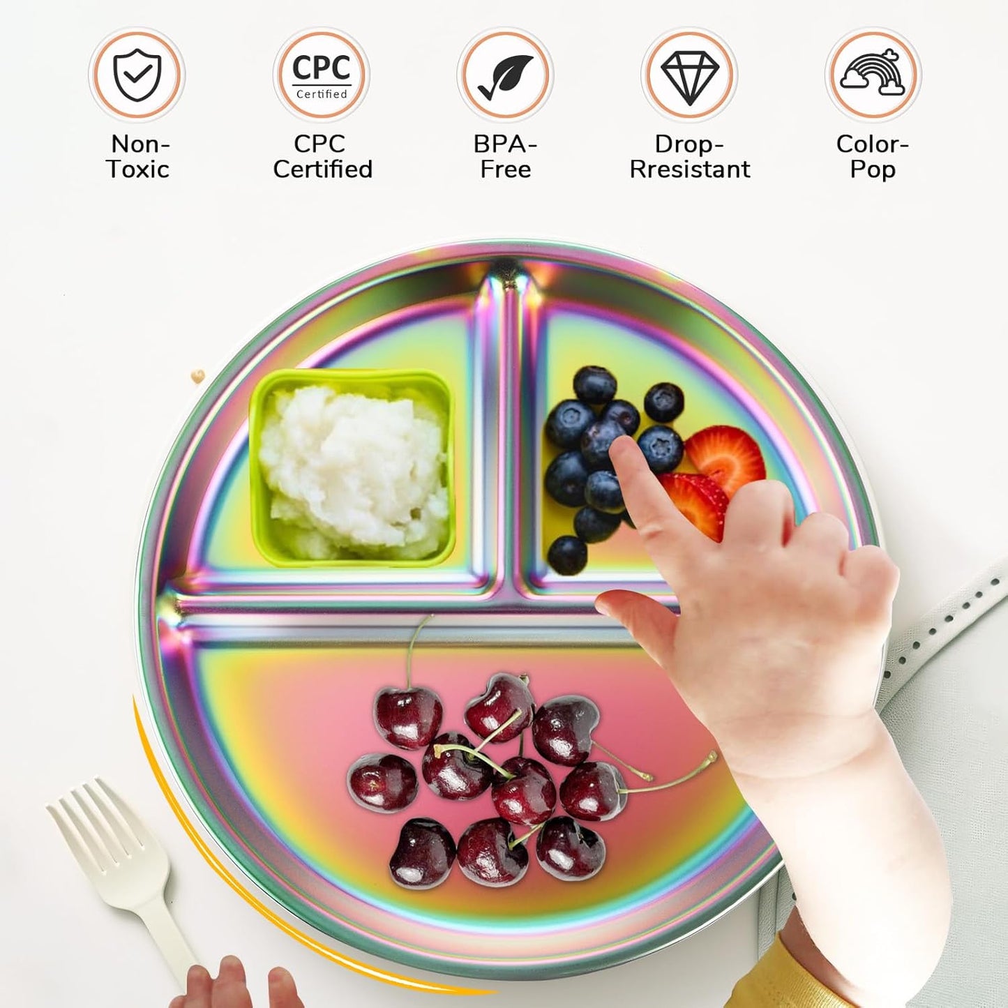 Stainless Steel Kids Plates Set of 2, 9" Portion Divided Plate for Toddler & Baby, Non Toxic Unbreakable Dinner Dishes, Metal Food Tray Camping Picnic Snack Nut Container, Bling Colorful