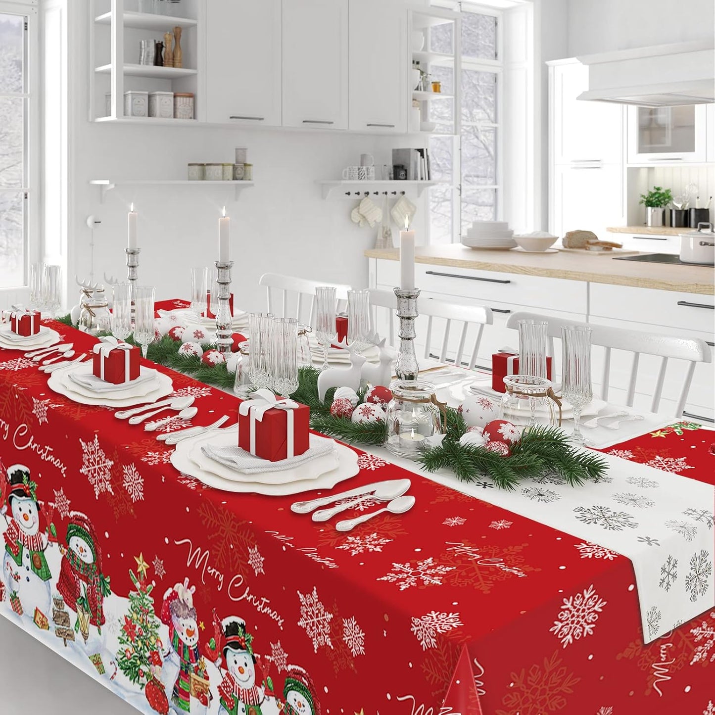 1Pcs Christmas Snowman Tablecloth,Plastic Christmas Snowman Snowflake Winter Table Cover with Xmas Tree for Winter Holiday Themed Party Decorations and Supplies,54X 108Inch(Red)