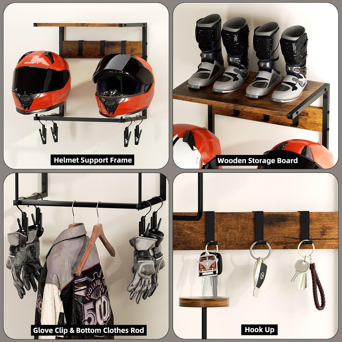 Motorcycle Helmet Holder Wall Mount, Helmet Rack with 2 Hat Stands, Helmet Stand for Display Wall Mount, Motorcycle Accessories Gear Storage for Men, Small