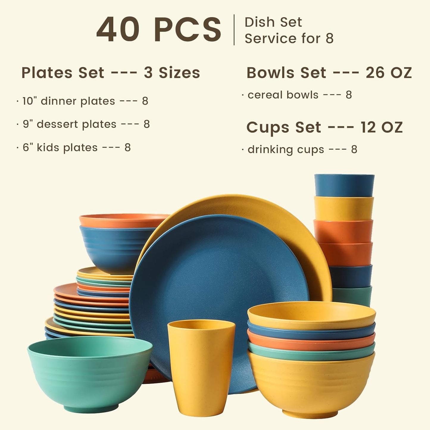 40-Piece Premium Wheat Straw Dinnerware Set for 8 - Unbreakable Plates, Bowls, and Cups - Dishwasher and Microwave Safe Kitchen Dishes - Multi-Color