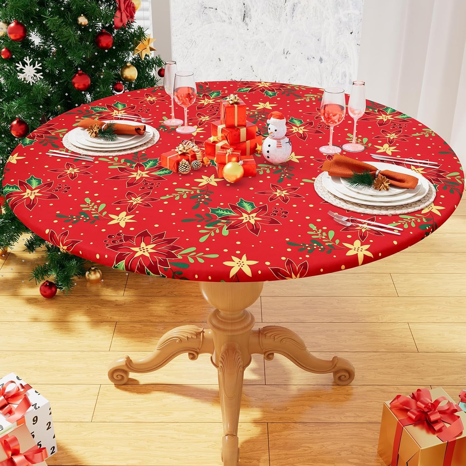 round Fabric Fitted Tablecloth, Elastic Waterproof Oil Proof Table Cloth, Washable Polyester Table Cover Fits 36"-44" round Tables for Outdoor Picnic Dinner, Flowers