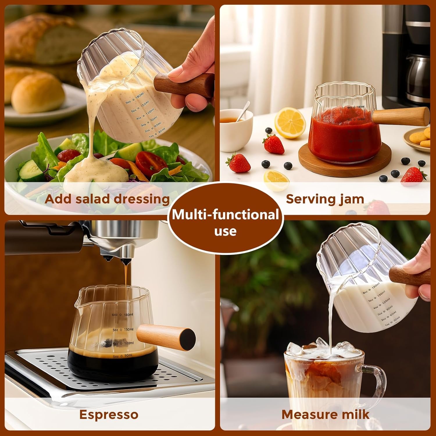 6 Oz/180Ml Glass Measuring Cup with Wooden Handle – Espresso Shot Cups, Ribbed Milk Frothing Pitcher, Dual Scale Markings, V-Shaped Mouth for Easy Pouring