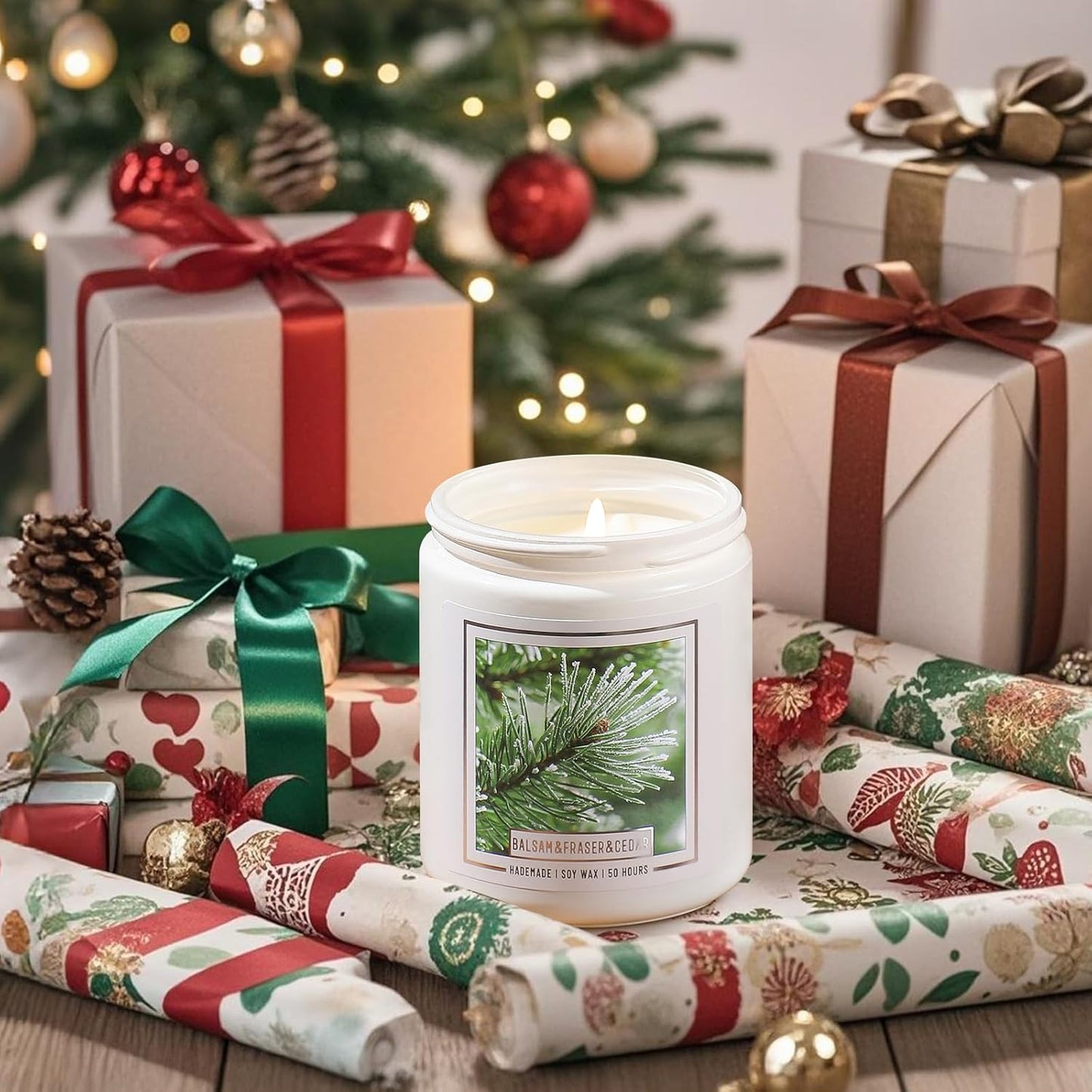 Balsam Pine Candle, Christmas Balsam Fir Candles Scented, 9Oz Holiday Candles with 50+ Hour Burn Time, Fir Cedar Tree Scent Gifts for Women