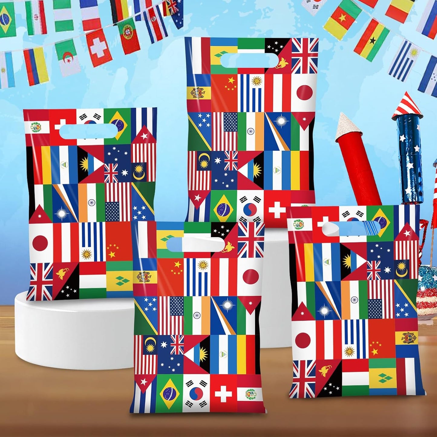 50 Pcs International Flag Plastic Gift Bags,World Flags Treat Goodie Bags with Handle for Soccer Sports Party Celebration School Party Decorations,6.7X 10 Inches