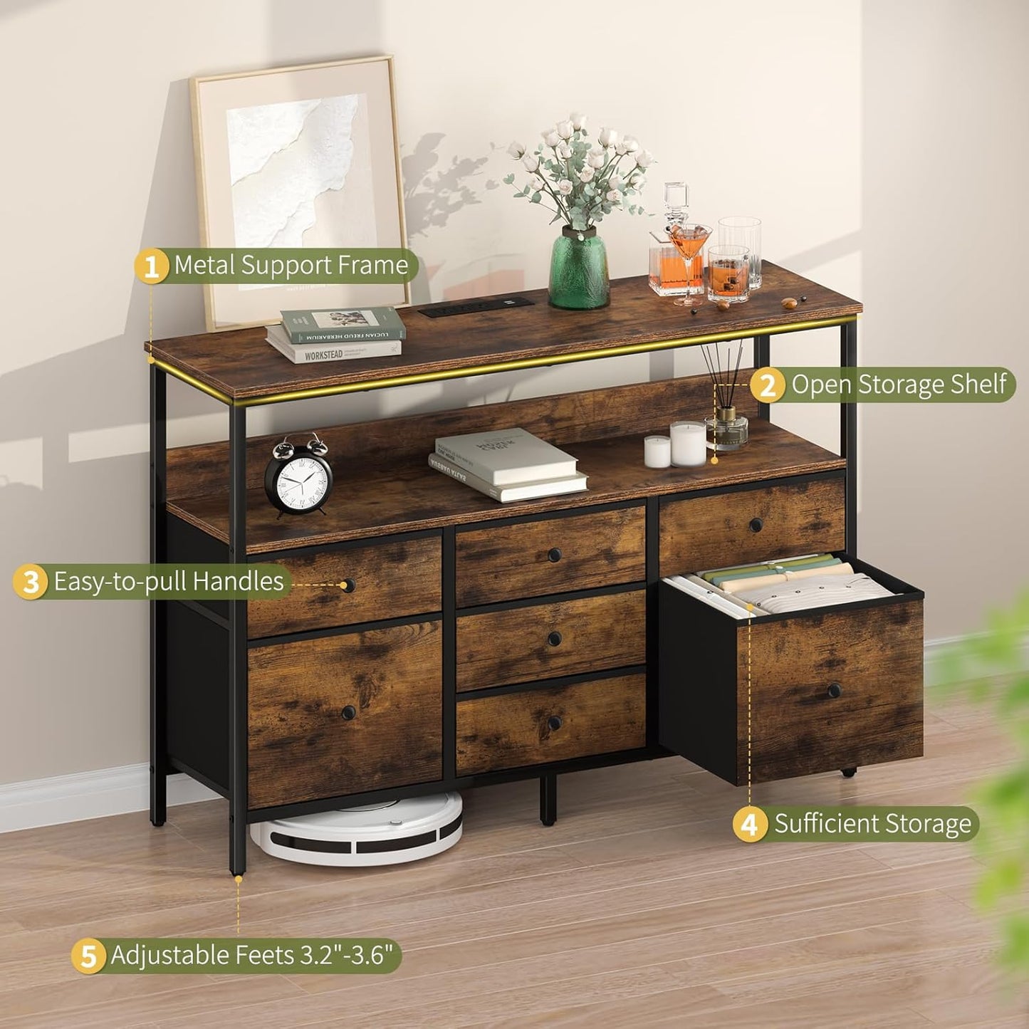 LED TV Stand for Bedroom, 50 Inch Kids Dresser with Power Outlets, 7 Drawers Entertainment Center with Storage Shelf, Living Room Console