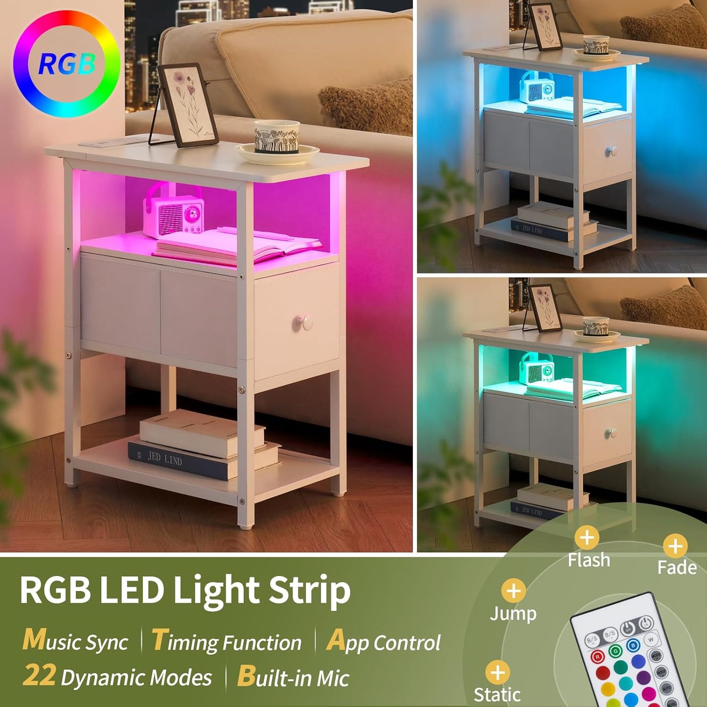 End Table with Charging Station, Narrow Side Table with Adjustable Fabric Drawer, 3-Tier End Tables Living Room, Small Nightstand with Outlets, LED Skinny Night Stand for Bedroom Small Spaces