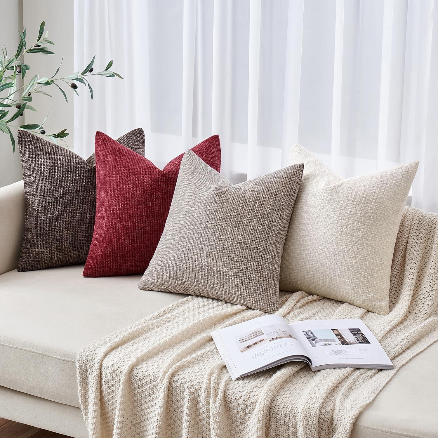 Burlap Linen Throw Pillow Covers 18X18 Inch Set of 2 Burgundy Red Decorative Pillows Modern Farmhouse Pillowcases Soft Accent Cushion Covers for Outdoor Couch Sofa Bedroom Livingroom Home Decor