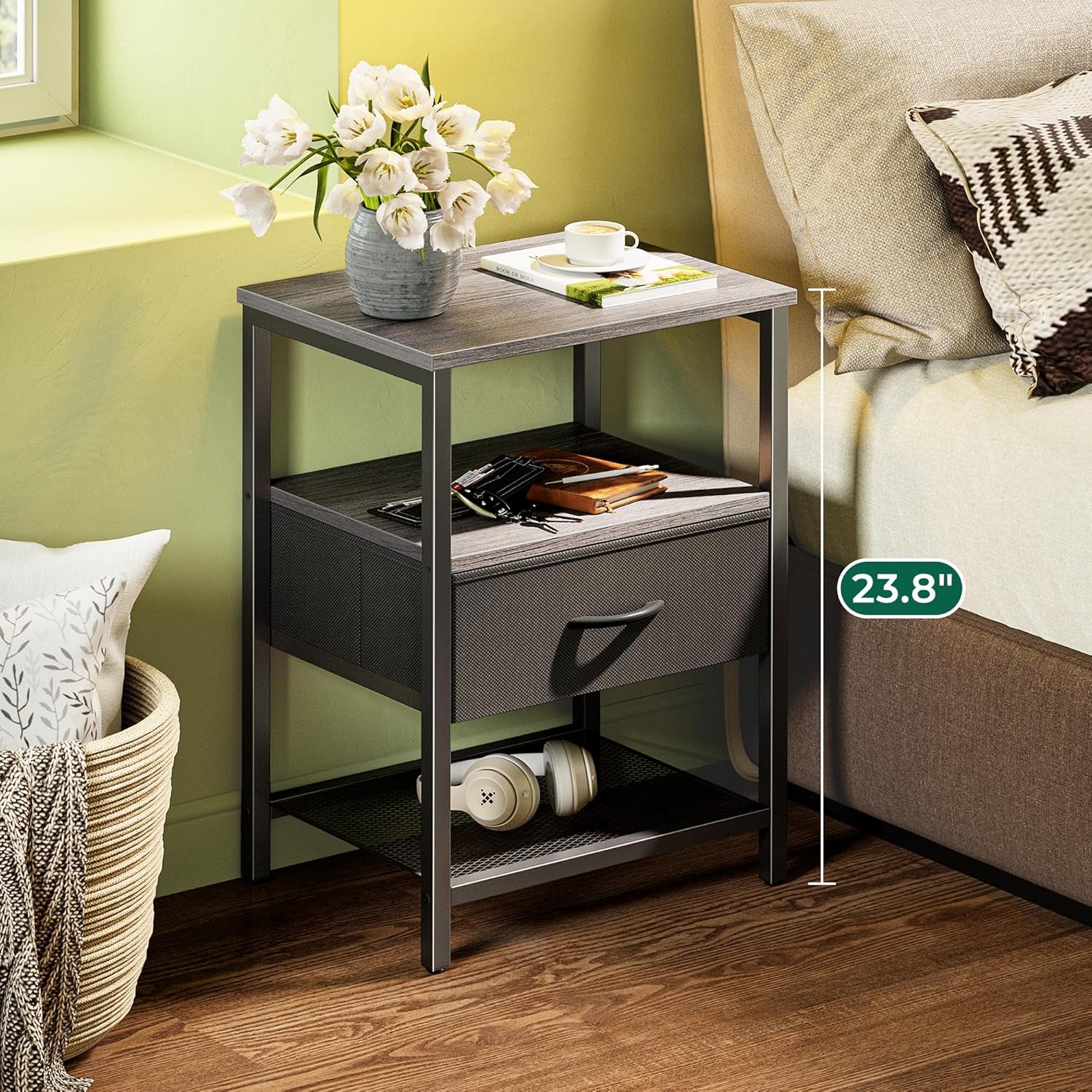 Charcoal Gray Nightstand with Fabric Drawer and Open Mesh Shelf, Metal Frame Side Table for Bedroom and Living Room