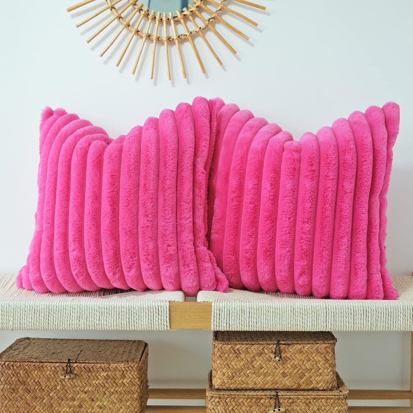Pack of 2 Faux Fur Plush Decorative Throw Pillow Covers Couch Cushion Case Soft Pillowcases (Hot Pink, 20 X 20-Inch)