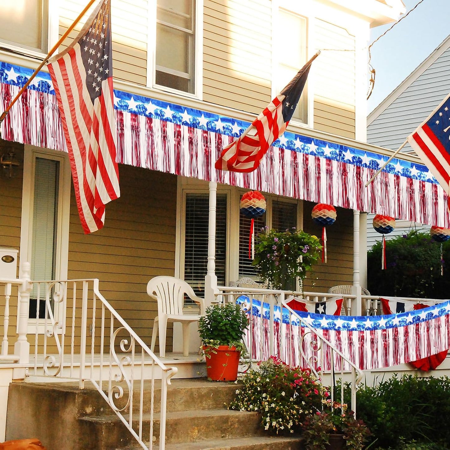 3Pack 30Ft 4Th of July Decorations Banner USA Stars Foil Fringe Garland Tinsel Streamers Red White and Blue Flag for Independent Memorial Veterans Day Patriotic Party Indoor Outdoor Decorations