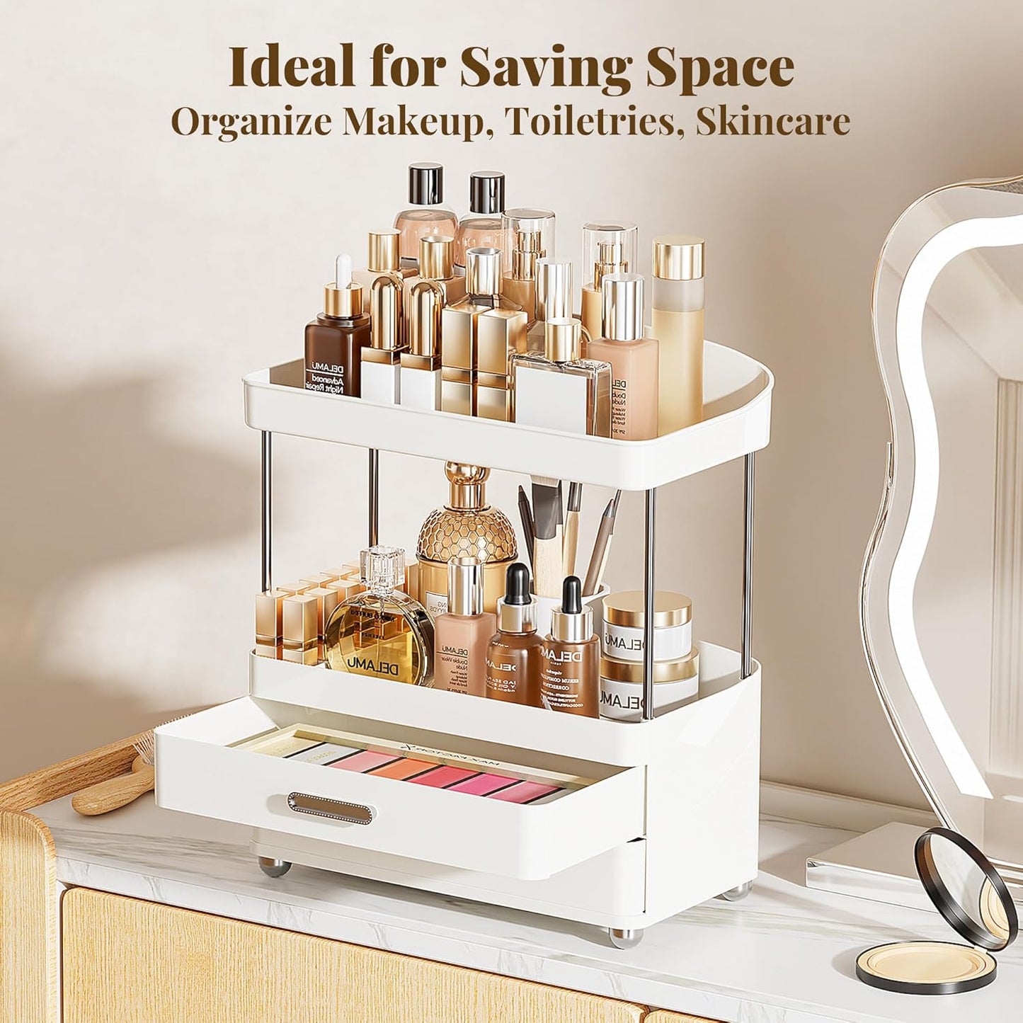 Bathroom Counter Organizer with Lipstick Holder, Acrylic 4-Tier 2-Drawers Makeup Organizer, Bathroom Organizers and Storage for Vanity, Office Supplies, Perfume, Skincare, Face Mask, White