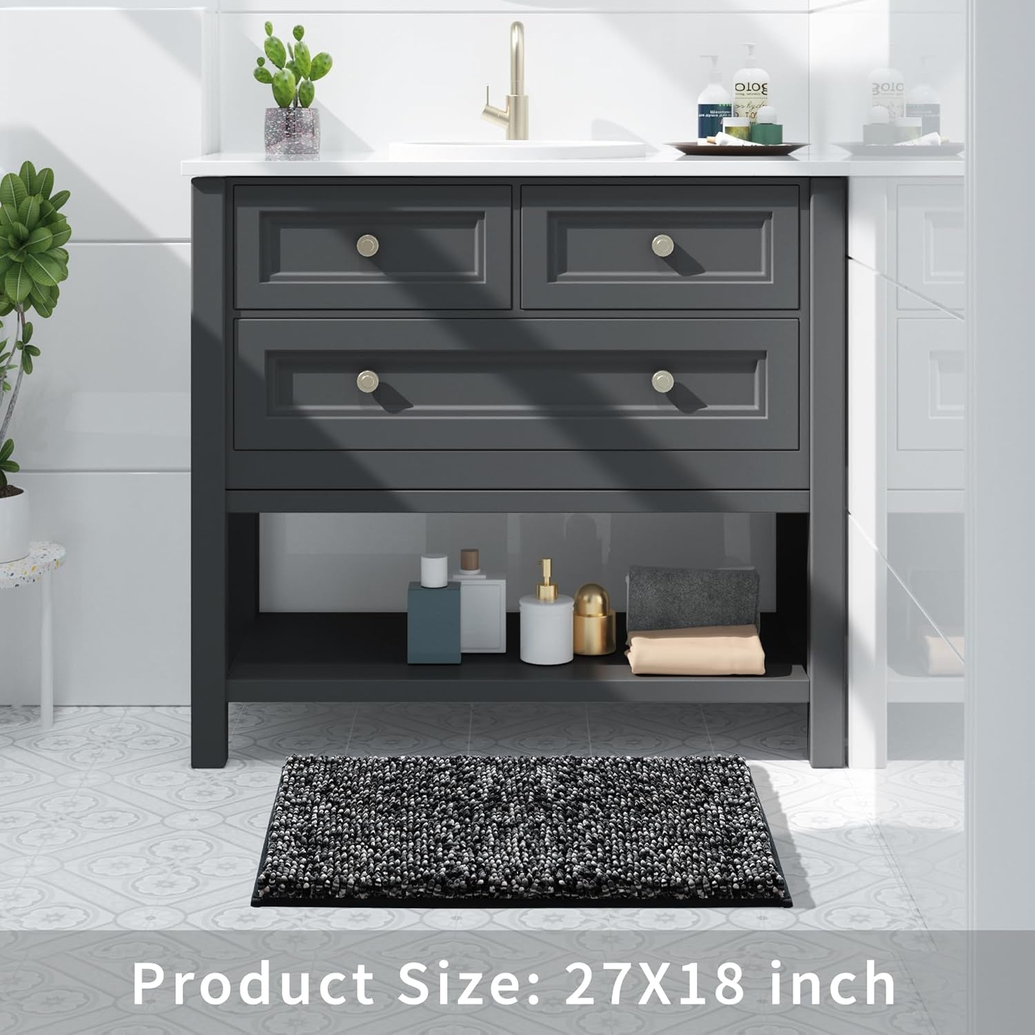 Bath Mats for Bathroom Non Slip, 28X17.5, Extra Soft Chenille Bathroom Rugs, Fluffy Plush Luxury Shower Mat Outside, Water Absorbent, Machine Washable, Black & Dark Gray