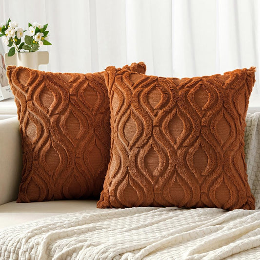 Burnt Orange Fall Throw Pillow Covers 18X18 Inch, Soft Plush Faux Wool Solid Couch Pillows Set of 2, Decorative Farmhouse Boho Cushion Covers for Sofa Living Room Bed Home Decor