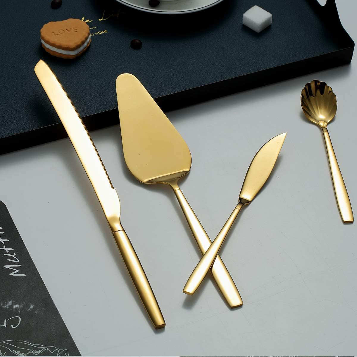 10-Piece Gold Serving Utensil Set with Titanium Plating, Including Cake Knife, Cake Server, Serving Forks, Sugar Spoon, Salad Spoon, Butter Knife, Gravy Ladle, and More
